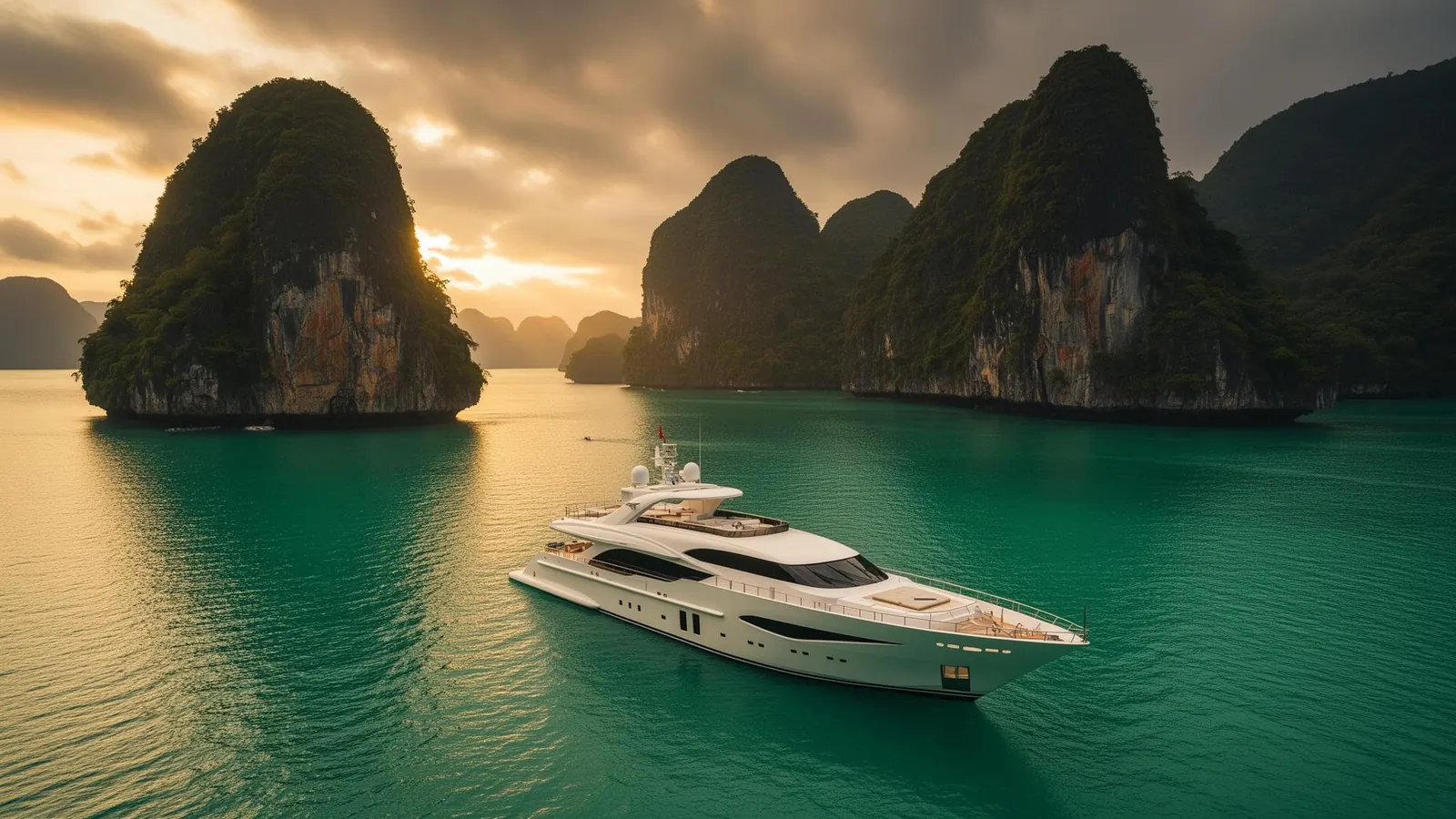 Longtail boat drifting past karst cliffs in the Andaman Sea